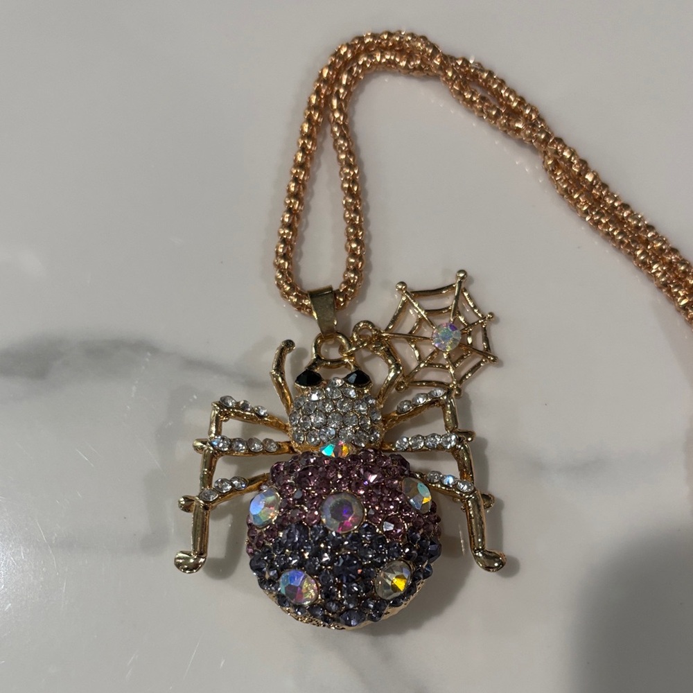 Gold and Purple Spider Pendant Necklace
